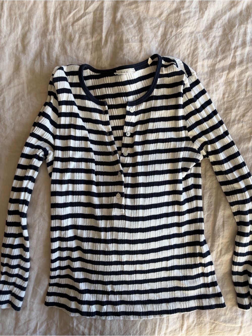 Doen Striped Long Sleeve Henley Tee in Navy and White